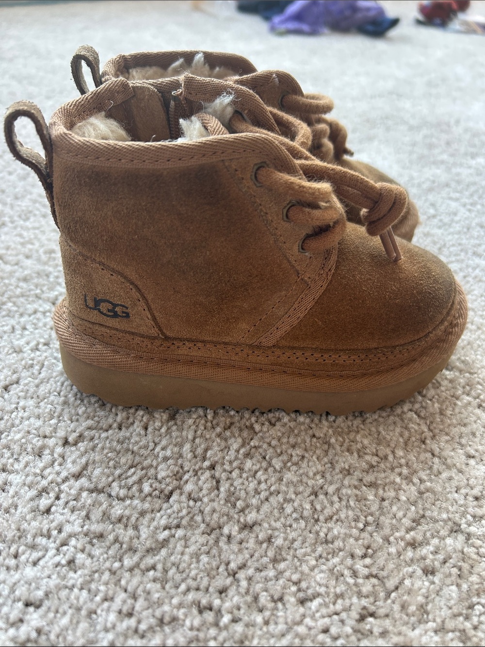 UGG Kids Chestnut Brown Suede Lace-Up Booties with Shearling